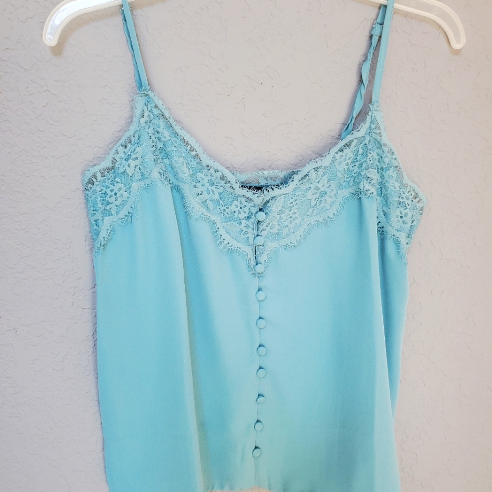 Lace aqua blue silk blouse tank